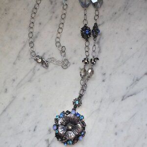 LOFT Long Pendant Necklace Blue Rhinestone Flower Statement 32" Silver Tone